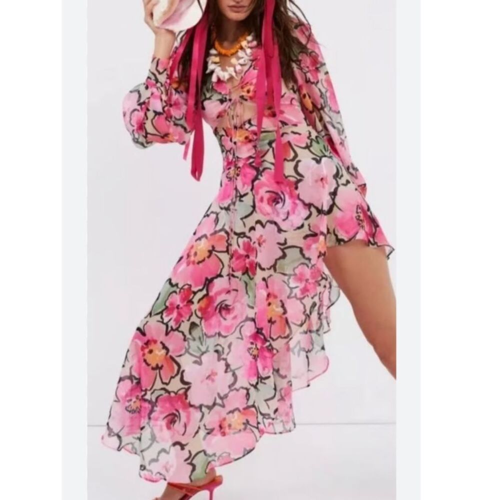 For Love & Lemons Floral Cut Out Asymmetrical Sheer Dress Small